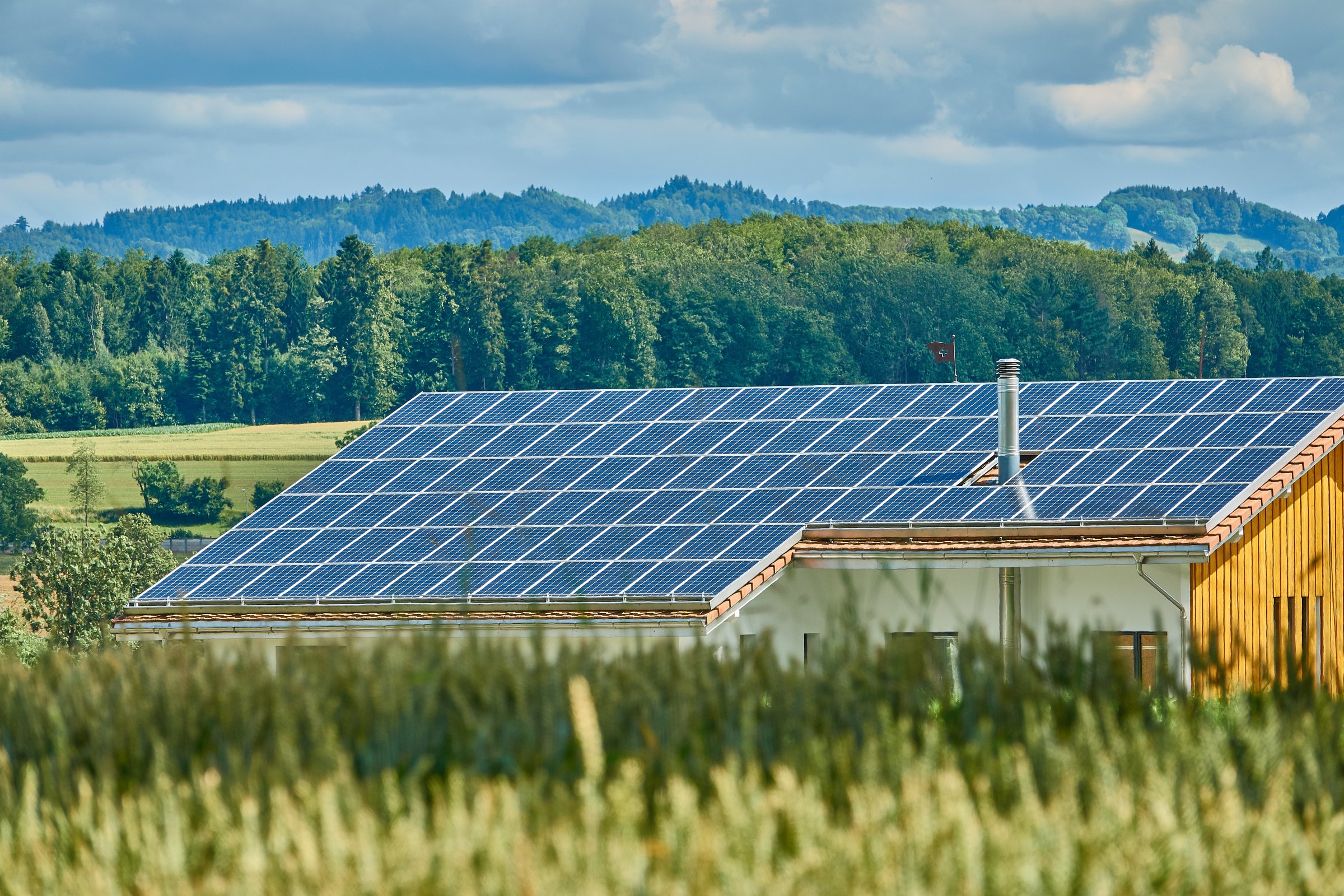 Residential rooftop covered with a completed solar panel array